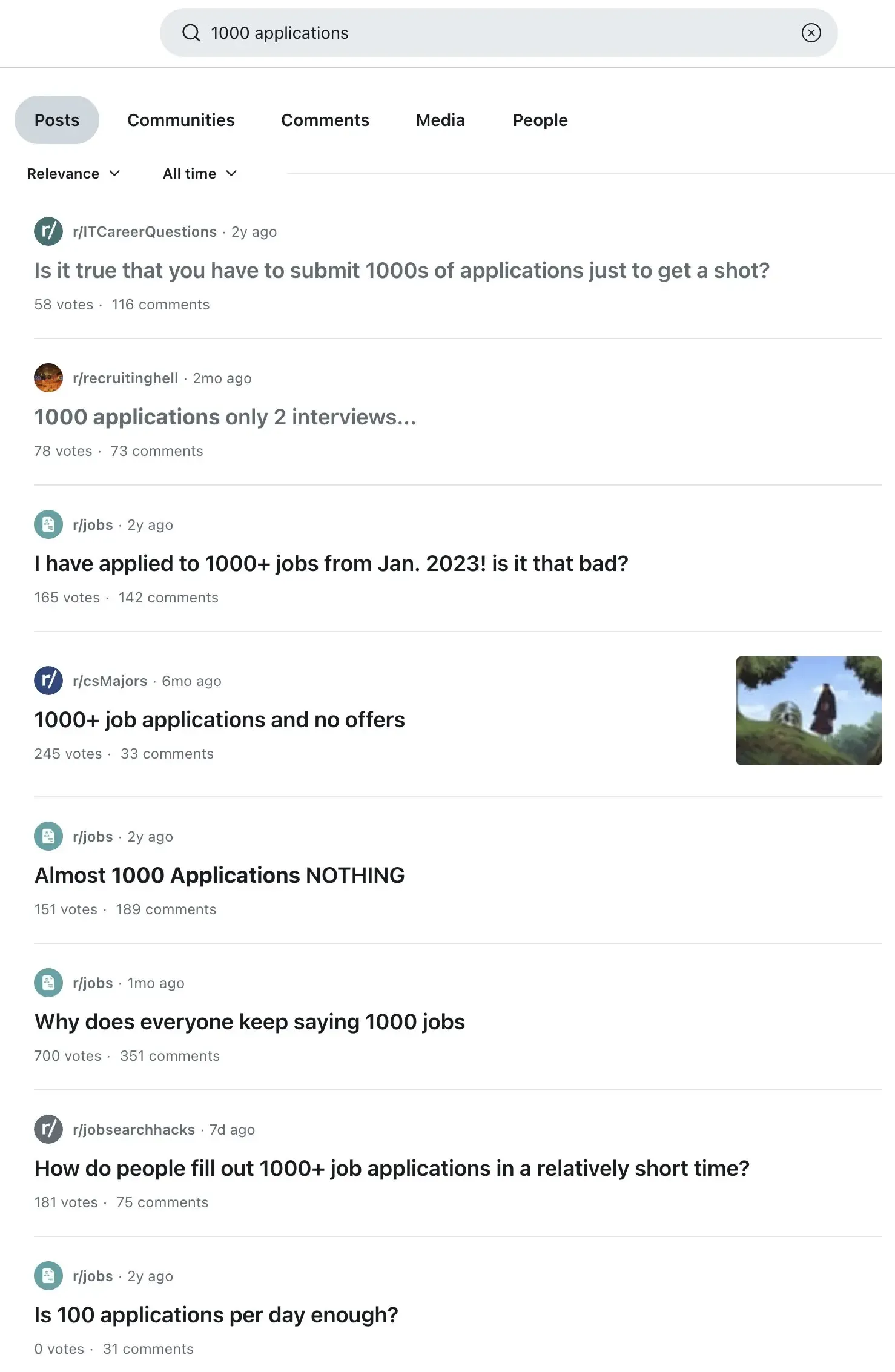 Reddit search results showing multiple posts about 1000+ applications